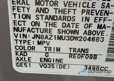 2013 Nissan Murano Le z USA, uszkodzony, nr VIN JN8AZ1MU3DW204683